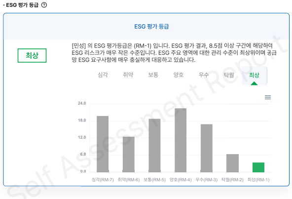 SK가스 ESG 자가진단 결과 — 민성의 ESG 평가등급은 RM-1(최상), 8.5점 이상 구간으로 ESG 리스크가 매우 작은 수준