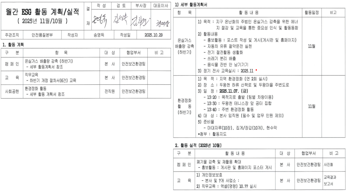 월간 ESG 활동 계획·실적(2025년 11월/10월) 문서