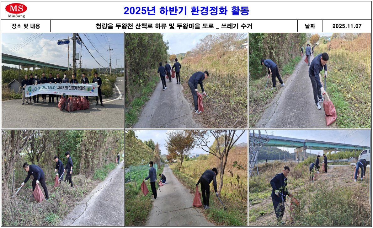 2025년 하반기 환경정화 활동 사진 대지 ① — 청량읍 두왕천 산책로 하류에서 임직원들이 쓰레기를 줍는 사진 6장